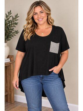 Jules Women's Black High-Low Tunic Top with Silver Beaded Pocket Plus Size 3X